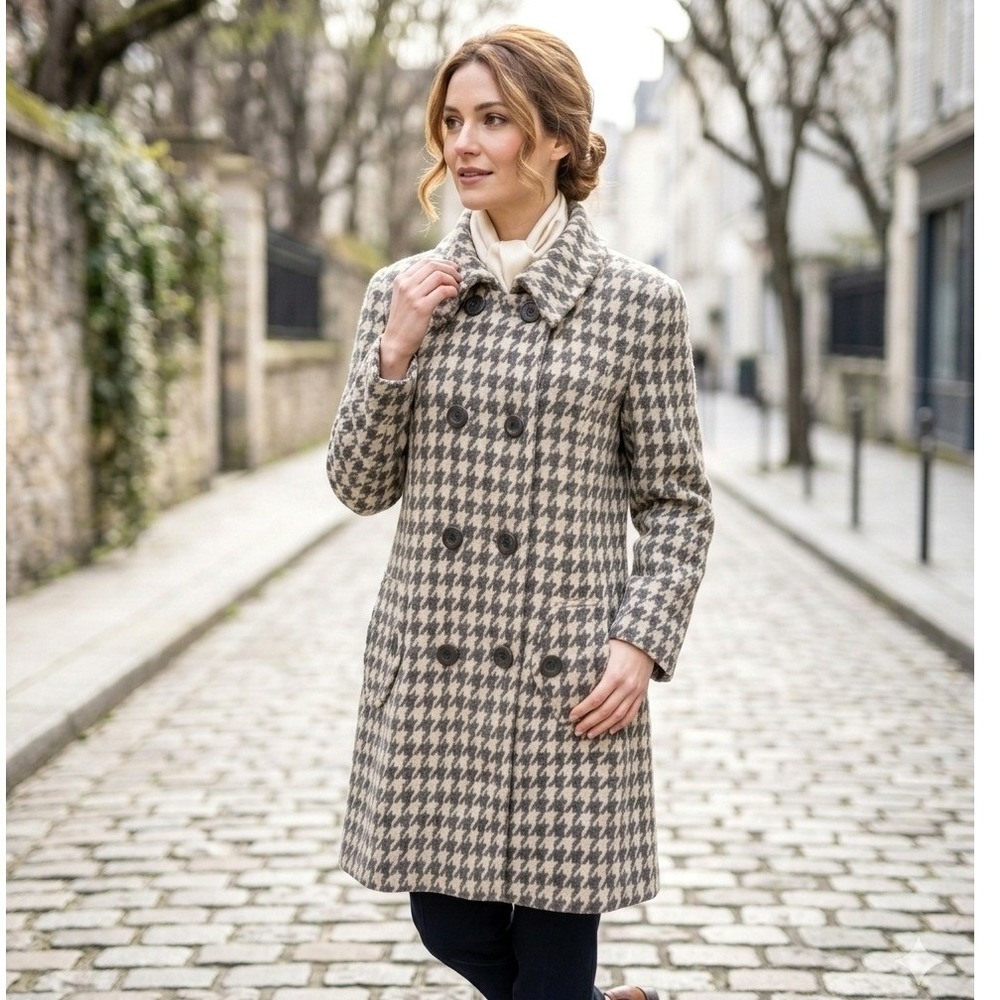 Larry Levine Houndstooth Double Breasted Pea Coat Size 10 Grey Ivory Wool Blend